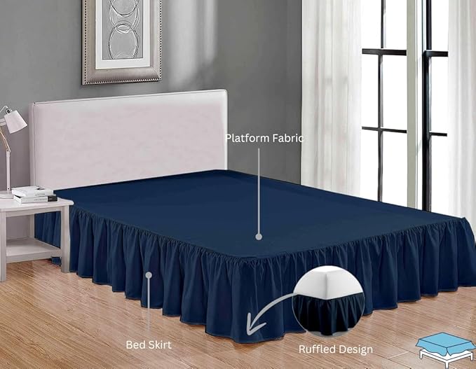 Ruffle Bed Skirt with Split Corners, Microfiber Dust Ruffled for a Perfectly Tailored Bedding Ensemble, Wrinkle and Fade Free, Easy Fit, Queen Size 21 Inch Drop, Navy Blue
