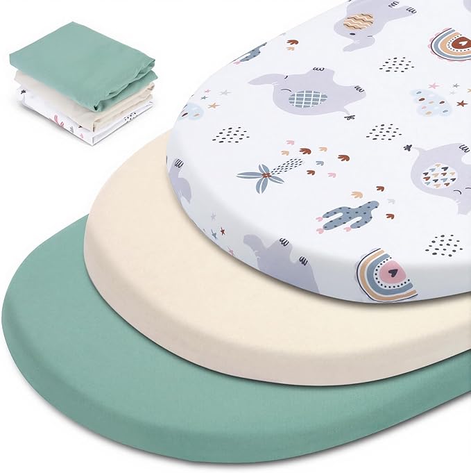 3 Pack Stretchy Bassinet Sheets - Universal Fit for Rectangle, Round, Oval, Hourglass Cradles & Moses Baskets - Soft Breathable Fitted Bassinet Sheets Set for Baby Boy Girl - Mint Green & Elephant