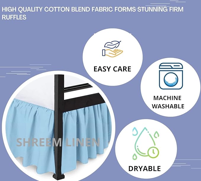 Shreem Linen Ruffled Bed Skirt with Split Corners, Gathered Style, 100% Microfiber, 8-Inch Drop, Dust Ruffle Bedskirt with Platform, Olympic Queen, Light Blue