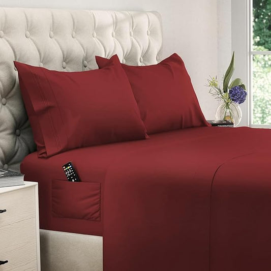 DREAMCARE Full Size Cooling Sheets - 4pcs Set - Soft & Long Lasting 100% Fine Brushed Polyester with Side Pocket - Burgundy