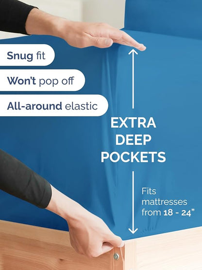 Extra Deep Twin XL Fitted Sheet - Hotel Luxury Single Fitted Sheet Only - Easily Fits 18 inch to 24 inch Mattress - Ultra Soft, Wrinkle Free with Extra Deep Pockets - Breathable & Comfy - Denim Blue
