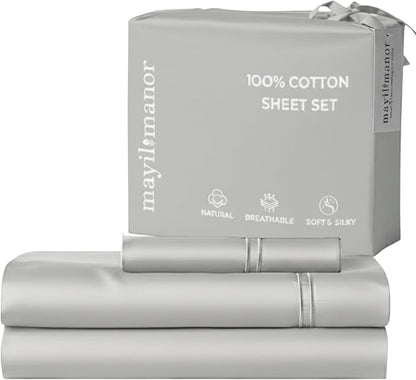 100% Natural Cotton Bed Sheets | 500 TC Single-Ply Sateen Weave Twin XL Sheets | Soft, Breathable, Hypoallergenic Solid 3-Piece Bedding with Deep Pocket Fitted, Flat, Pillowcase | Grey