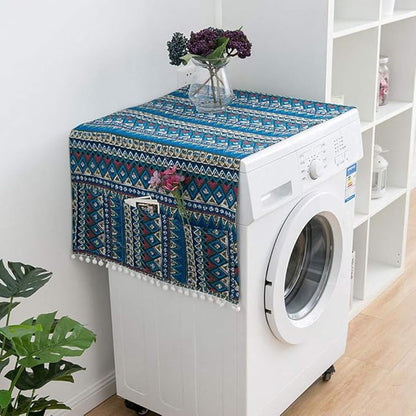 AKOAK 1 Pack 55 x 130cm /22 "x 51" Geometric Washing Machine Refrigerator Dust Cover, Multi-Purpose Household Cotton Linen Dust Microwave Cover, with Storage Pouch (Blue Triangle)