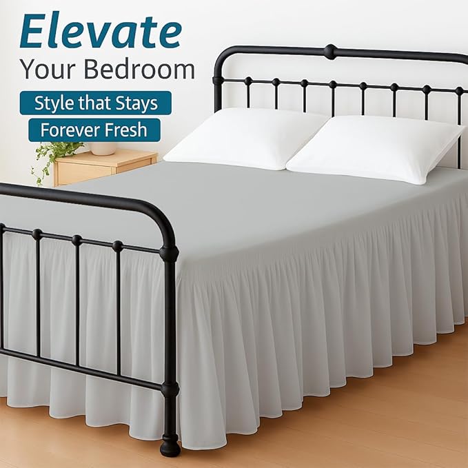 Shreem Linen Ruffled Bed Skirt with Split Corners, Gathered Style, 100% Microfiber, 12-Inch Drop, Dust Ruffle Bedskirt with Platform, Queen, Light Grey