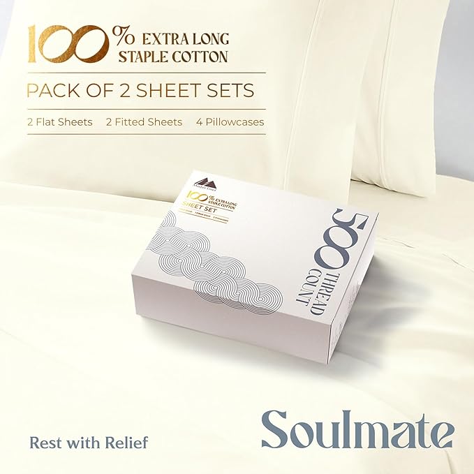 Mayfair Linen 100% Egyptian Cotton 2 Pack Queen Sheet Set - Luxury 500 Thread Count Cotton Sheets Queen Size (8 PC, Ivory), Soft, Cooling, Sateen Weave, 16" Deep Pocket Hotel Quality Bed Sheet Set