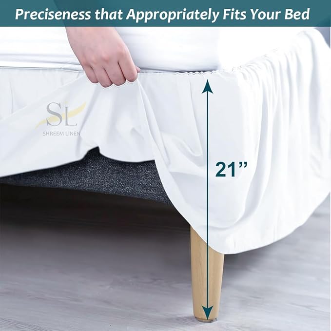 Shreem Linen Ruffled Bed Skirt with Split Corners, Gathered Style, 100% Microfiber, 21-Inch Drop, Dust Ruffle Bedskirt with Platform, Queen, White