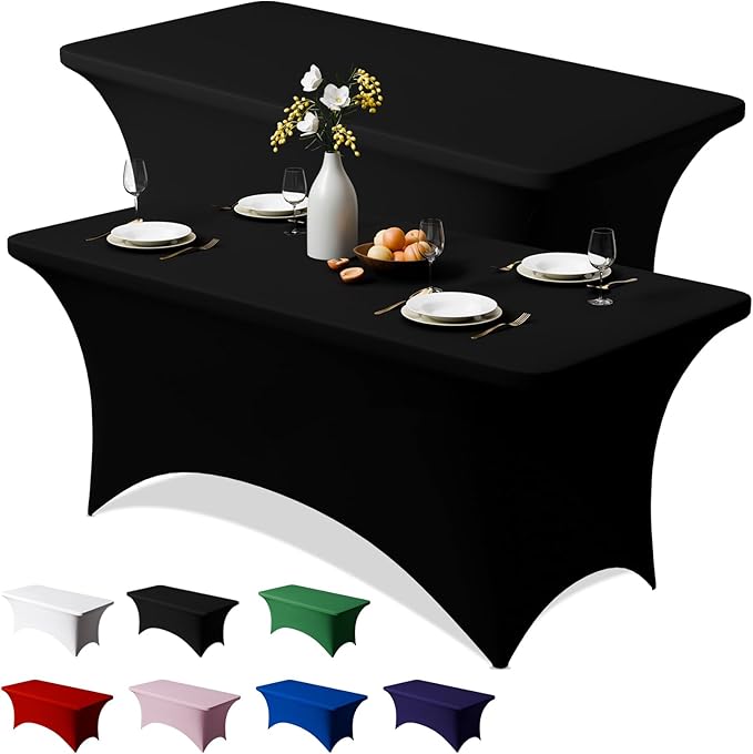 Trlyc 2 Pack 8FT Spandex Table Cloth - 96 x 30 Inch Rectangular Stretch Tablecloth, Wrinkle Resistant Scretch Table Cover for Wedding, Party, Banquet, Picnic, Outdoor Decoration (2Pcs,Black)