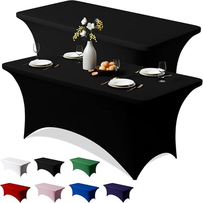 Trlyc 2 Pack 8FT Spandex Table Cloth - 96 x 30 Inch Rectangular Stretch Tablecloth, Wrinkle Resistant Scretch Table Cover for Wedding, Party, Banquet, Picnic, Outdoor Decoration (2Pcs,Black)