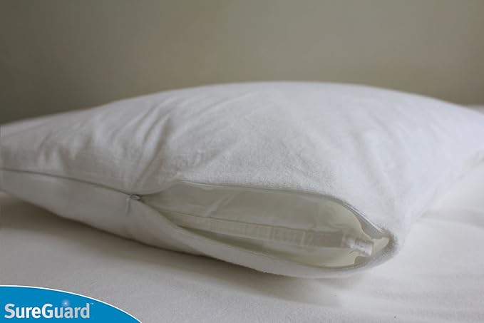 Set of 2 Queen Size SureGuard Pillow Protectors - 100% Waterproof, Bed Bug Proof, Hypoallergenic - Premium Zippered Cotton Terry Covers