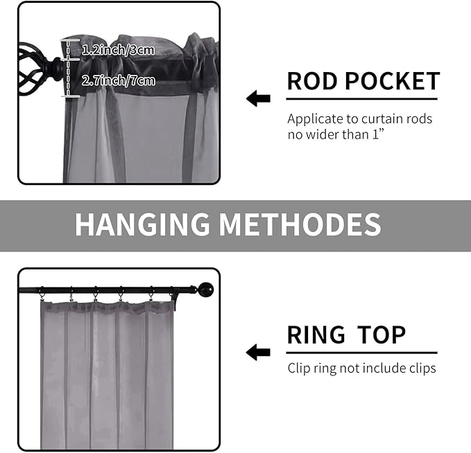 Sheer Curtains 45 Inches Long 2 Panels, Rod Pocket Short Curtain for Kitchen, Bedroom, Cafe Window(Grey 38" W x 45" L)