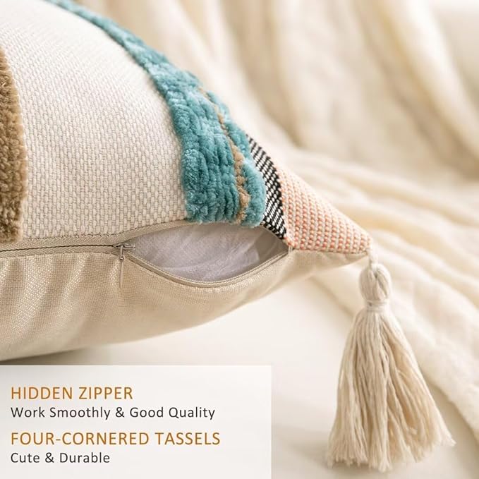 Boho Throw Pillow Covers 18x18 Set of 2 Woven Tufted Farmhouse Pillows Cover with Tassels Textured Striped Cushion Case Neutral Pillow Cases Decorative Pillowcase for Sofa Couch Bed,Blue
