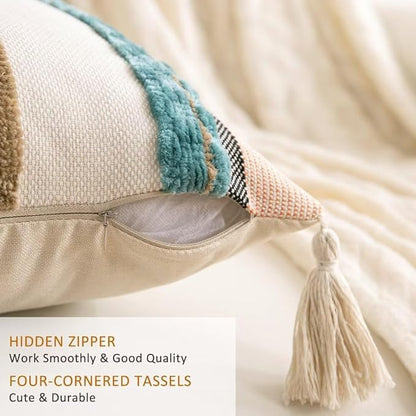 Boho Throw Pillow Covers 18x18 Set of 2 Woven Tufted Farmhouse Pillows Cover with Tassels Textured Striped Cushion Case Neutral Pillow Cases Decorative Pillowcase for Sofa Couch Bed,Blue