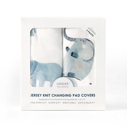 GRSSDER Stretch Ultra Soft Jersey Knit Changing Pad Cover Set 2 Pack, Change Table Pad Covers Fit 32"/34" x 16" Pads Safe and Snug, Cute Diaper Changing Pad Covers of Elephant Print