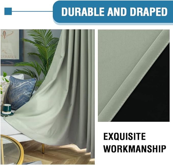 H.VERSAILTEX 100% Blackout Curtains for Bedroom Thermal Insulated Blackout Curtains 45 inch Length Full Light Blocking Window Drapes for Living Room with Black Liner 2 Panels, Light Sage