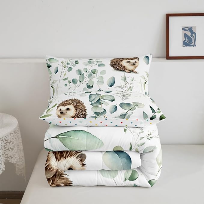 Erosebridal Cute Hedgehog Twin Comforter Set for Kids Child Green Eucalyptus Bedding Set Twin, Woodland Animal Bedding Comforter Sets Plant Leaves Duvet Set, Cartoon Wildlife Quilted Comforter