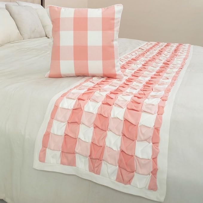 The HomeCentric King/Queen/Twin Peach Pink Decorative CA King 86"x18" Bed Runner with 2 Pillow Cover, Textured & Buffalo Checks Bed Scarf on Cotton Fabric - Buffalo Plaid Peach