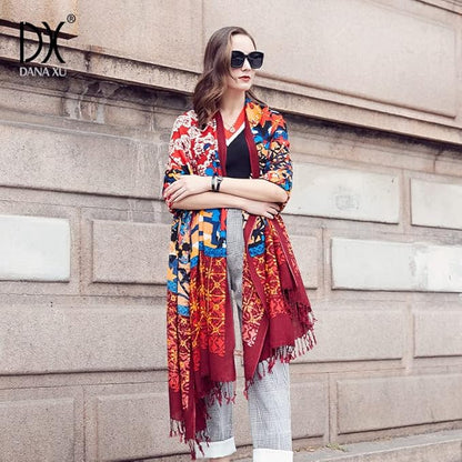 DANA XU 100% Merino Wool Pashmina Shawl for Women 96"x43", Oversized Cashmere Wrap with Tassels, Floral Travel Blanket Cape
