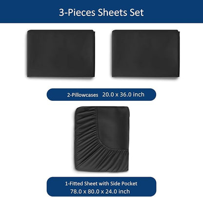 Moonsea King Size Sheets Set for Air Mattress - Deep Pocket King Sheet Set - 3Pcs Side Storage Pocket Fitted Sheet & Pillowcases Easily Fits 16in to 24in Pillow Top Bed Mattress, Black