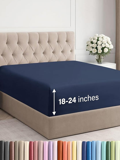Extra Deep Cal King Fitted Sheet - Hotel Luxury Single Fitted Sheet Only - Easily Fits 18 inch to 24 inch Mattress - Ultra Soft, Wrinkle Free with Extra Deep Pockets - Breathable & Comfy - Navy Blue