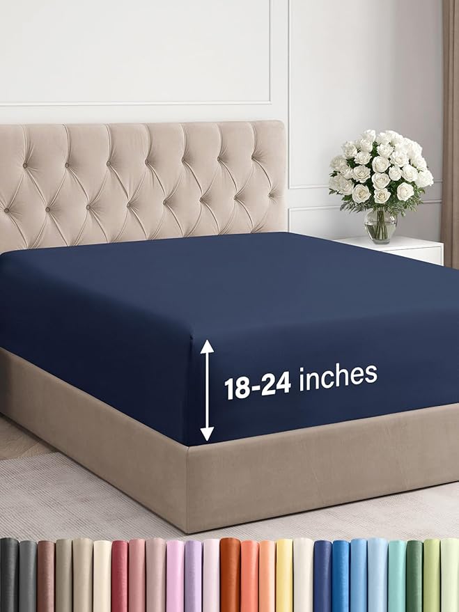 Extra Deep King Fitted Sheet - Hotel Luxury Single Fitted Sheet Only - Easily Fits 18 inch to 24 inch Mattress - Ultra Soft, Wrinkle & Fade Free w/Extra Deep Pockets - Breathable & Comfy - Navy Blue