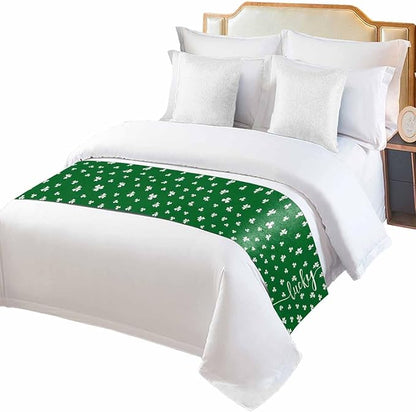 St Patrick's Day Lucky Leaves Bed Runners for Bedroom Hotel,Decorative Bedding Scarf White Shamrock on Green Bed End Blanket Bedding Runner Scarves for King Size Bed,102x20in