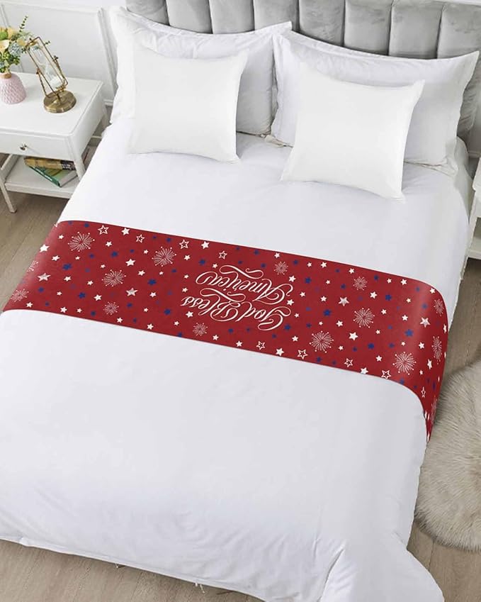 Independence Day Blue White Star Bed Runners for Bedroom Hotel,Decorative Bedding Scarf Freedom Celebration on Red Bed End Blanket Bedding Runner Scarves for King Size Bed,102x20in