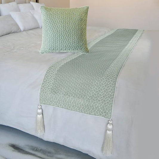 The HomeCentric King/Queen/Twin Blue Decorative Full 68"x18" Bed Runner with Pillow Cover, Mosaic, Bead Embroidery, Handmade, Tassels Bed Scarf on Jacquard Fabric - Tessellation Blue
