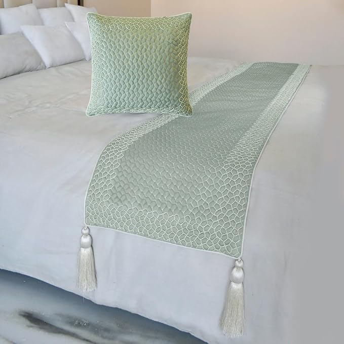 The HomeCentric King/Queen/Twin Blue Decorative Twin 53"x18" Bed Runner Without Pillow Cover, Mosaic, Bead Embroidery, Handmade, Tassels Bed Scarf on Jacquard Fabric - Tessellation Blue