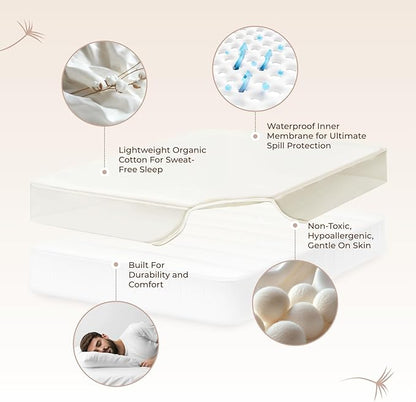 Organic Waterproof Mattress Protector Full Size - 100% Waterproof Mattress Pad with Extra Soft Quiet & Breathable Triple Layer Protection - GOTS Certified Machine Washable Deep Pocket Design (Full)