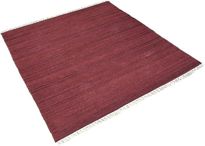 Rugsotic Carpets Hand Woven Flat Weave Kilim Wool ECO-Friendly Area Rugs - 6'x6', Square Shape, Dark Red Color, Solid Plain Design, Low Pile Handmade Area Rugs for Living Room, Bed Room (D00111)