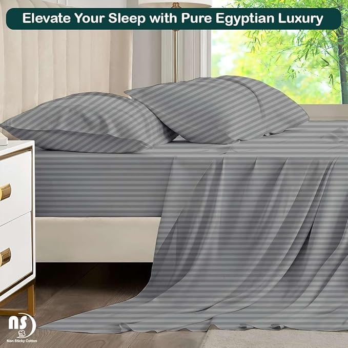 NON Sticky cotton Twin Size Sleeper Sofa Sheets, 4 Piece Egyptian Cotton Bed Sheet Set for Sofa Bed, 10" Deep Pocket for Pull Out Couch Mattress, 39" x 75", Light Grey Stripe, Soft & Breathable