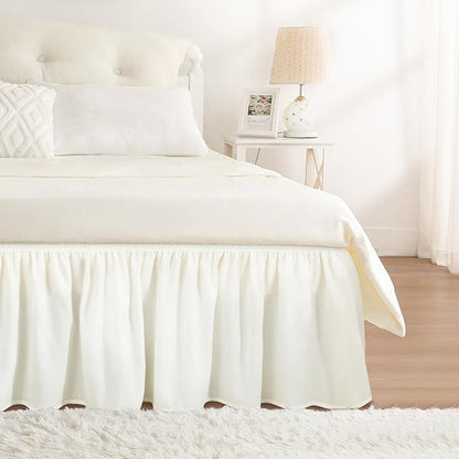RIMELA Bed Skirt Queen Size 15 Inch Drop, Wrap Around Elastic Bedskirt for Home, Room Decoration for Women, Pleated Adjustable Dust Ruffle, Warm White, Easy to Install