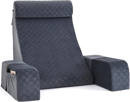 Vekkia 21" Large Reading Pillow with Adjustable Arms & Headrest – Wide Backrest Cushion for Adults with Extra-Large Pockets for Reading, TV, Gaming & Work, Recovery on Bed & Floor, 21"(Grace Grey)