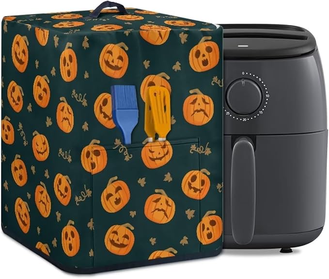 Air Fryer Cover Dust-Proof Kitchen Appliance Cover with Top Handle and Pockets Keep Kitchen Appliance Clean Washable Halloween Decoration, Funny Pumpkin