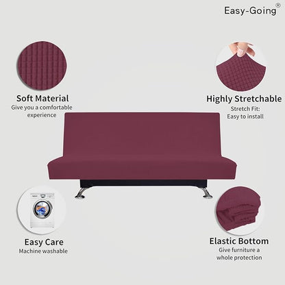 Easy-Going Stretch Futon Slipcover Armless Futon Bed Cover Furniture Protector Without Armrests with Elastic Bottom for Kids, Soft Jacquard Fabric Small Checks (Large, ASH Rose)