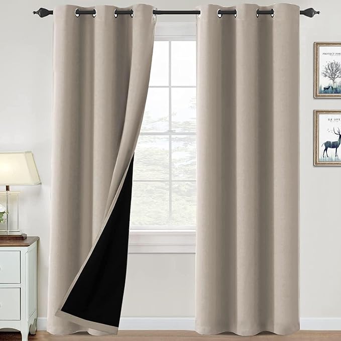 H.VERSAILTEX 100% Blackout Curtains for Bedroom Thermal Insulated Blackout Curtains 84 inch Length Full Light Blocking Curtains for Living Room with Black Liner 2 Panels Set, Natural Sand