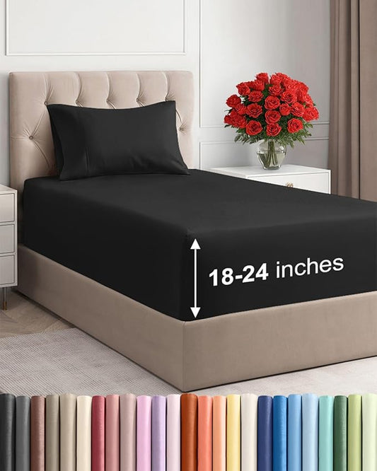 Extra Deep Pocket Twin XL Sheets - 3 Piece Breathable & Cooling Bed Sheets - Hotel Luxury Bed Sheet Set - Soft, Wrinkle Free & Comfy - Easily Fits Extra Deep Mattresses - Deep Pocket Black Sheets Set