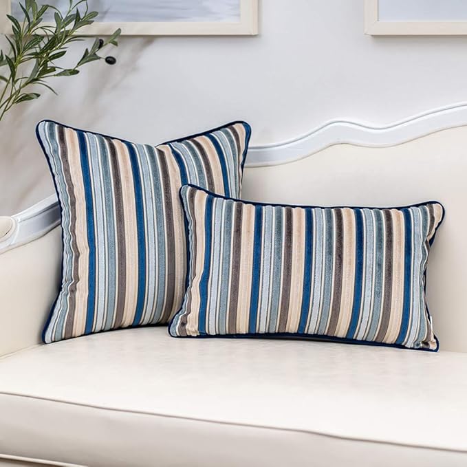 Yangest Blue Striped Throw Pillow Cover Multicolor Velvet Cushion Cover Modern Bohemian Pillowcase for Sofa Couch Bedroom Living Room Home Christmas Decoration,16x16 Inch