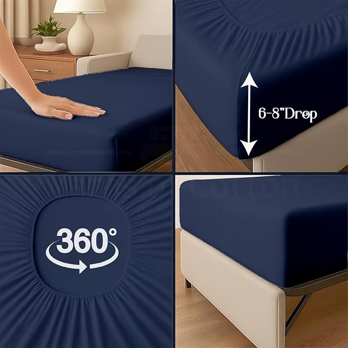 Sleeper Sofa 4 Piece Bed Sheet Set Premium Quality 100% Cotton 500 Thread Count, Smooth & Super Soft Sateen Weave, Extra Soft Bed Sheets, Wrinkle Free, 4 Inch Deep Pocket (Queen, Navy)