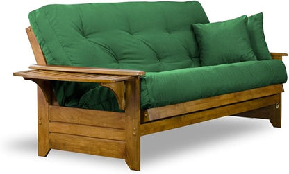 Nirvana Futons Brentwood Tray Arm Futon Sofabed Set - Full Frame, 8" Hunter Green Mattress, Rich Heritage Finish