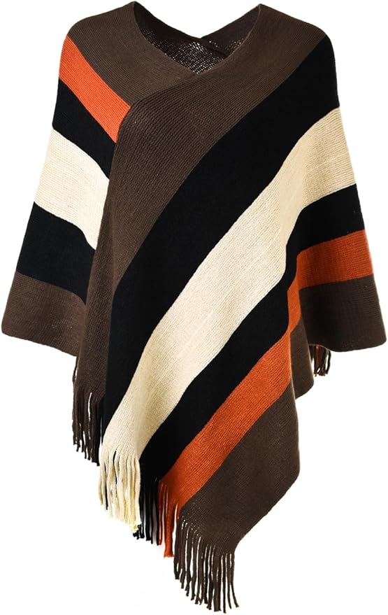 Ferand Women's Striped Poncho Sweater Cozy Knit Fringe Shawl Wraps for Fall Winter