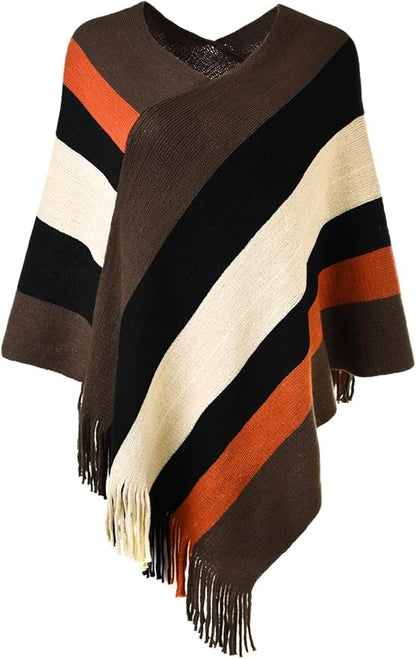 Ferand Women's Striped Poncho Sweater Cozy Knit Fringe Shawl Wraps for Fall Winter