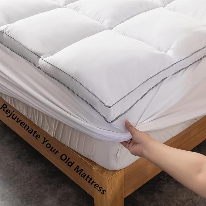 DROVAN Mattress Topper Olympic Queen Size - Extra Thick Mattress Pad Cover - Pillow Top Deep Pocket with Breathable 7D Spiral Fiber Filling Cooling Mattress Cover, Super Queen