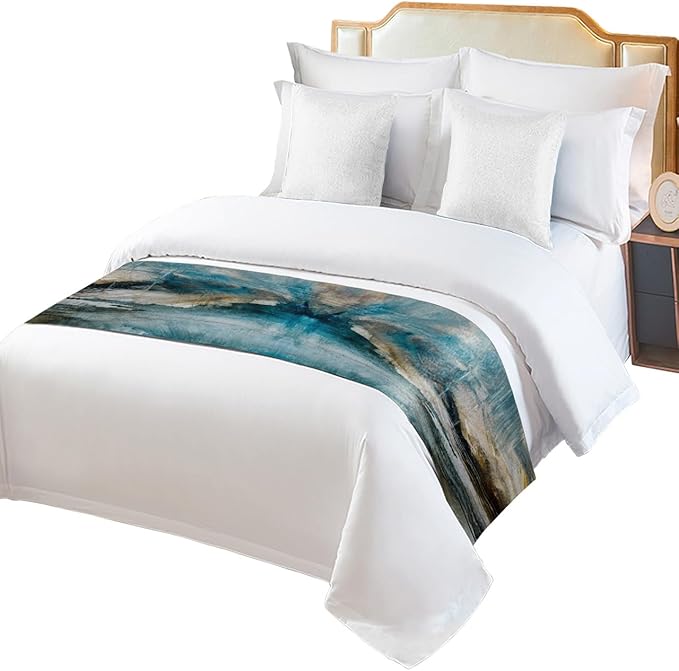 Abstract Mottled Turquoise Green Gray Art Bed Runners for Bedroom Hotel,Decorative Bedding Scarf Retro Painting Bed End Blanket Bedding Runner Scarves for Twin Size Bed,71x20in