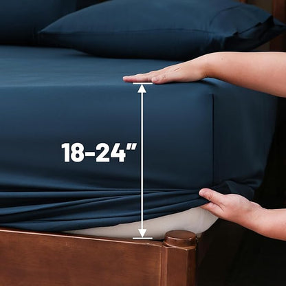 Extra Deep Pocket Queen Sheets 18-24 Inch 100% Egyptian Cotton 1000 Thread Count Sateen Weave Soft Breathable 4 Pieces（Queen,Navy）