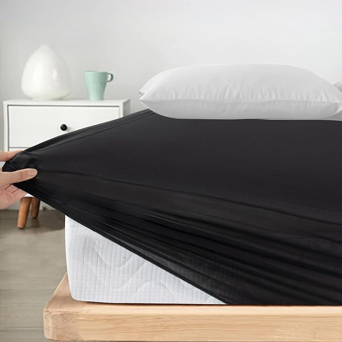 Twin Fitted Sheet Only, Super Soft & Cozy Twin Size Bed Sheets for Boys Kids with Deep Pocket to 14 Inch, Cooling Jersey Mattress Bottom Sheets,Shrinkage & Stain Resistant, Wrinkle Free, Black