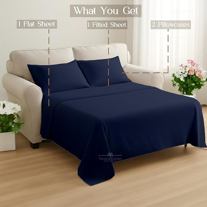 Sleeper Sofa 4 Piece Bed Sheet Set Premium Quality 100% Cotton 500 Thread Count, Smooth & Super Soft Sateen Weave, Extra Soft Bed Sheets, Wrinkle Free, 4 Inch Deep Pocket (Queen, Navy)