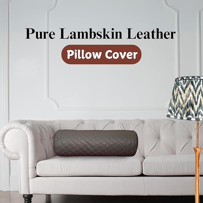 Neck Roll Pillow Cushion Cover, 16x7 Inch Full Moon Round Bolster Pillow Case, Cylinder Soft Lambskin Leather Pillowcase for Head, Spine & Neck Support During Sleep - Quilted Grey Pack of 2