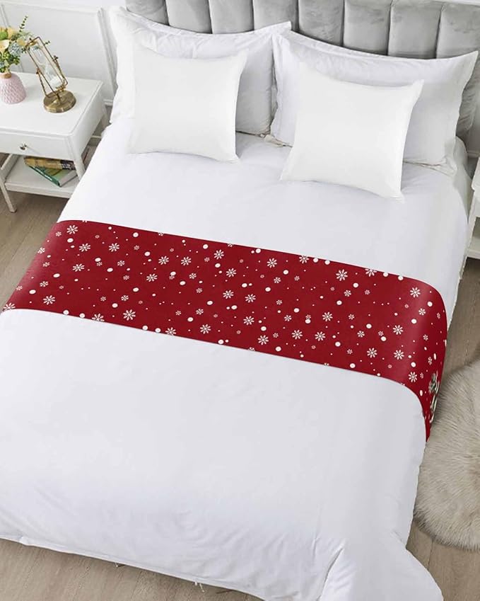 Christmas Tree Snowflakes Snowman Bed Runners for Bedroom Hotel,Decorative Bedding Scarf Red White Green Bed End Blanket Bedding Runner Scarves for Full Size Bed,83x20in
