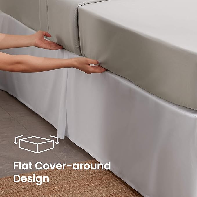 Queen Size Bed Skirt 600 TC Egyptian Cotton 16 Inch Drop Easy Fit - Bed Skirt for Queen 60x80 Inch Beds - Center & Corner Pleats, White Solid